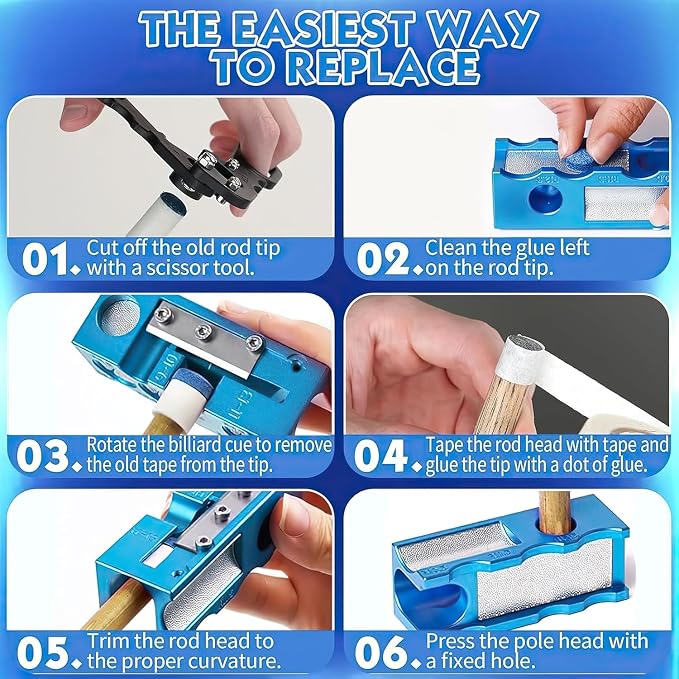 11-in-1 Pool Cue Tip Repair kit, Professional All-in-One Pool Stick Tip Tool for Shaping, Replacement, Maintenance. Tips Shaper & Scuffer kit, Pool Cue Trimmer (Blue Aluminum)