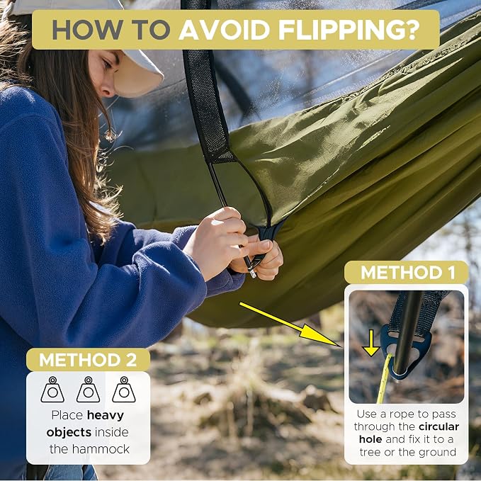 Sunyear Camping Hammock Tent - Portable Hammocks with Mosquito Net (Single/Double, 500lbs Capacity) - Spacious & Anti-Rollover Design with 2 Tree Straps for Hiking, Backpacking, Indoor/Outdoor Use