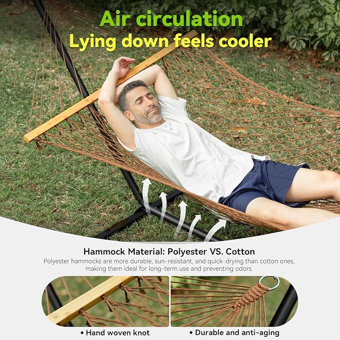 ANAGOO Double Hammock for 2 Person, Handwoven Rope Hammock with Spreader Bar - Indoor & Outdoor Use for Patio, Poolside, Backyard (Brown)