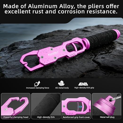 11.6" Fish Lip Gripper, Aluminum Alloy Fish Grabber with 40lb Scale, 360° Swivel Handle, Corrosion-Resistant for Saltwater & Freshwater (Pink)