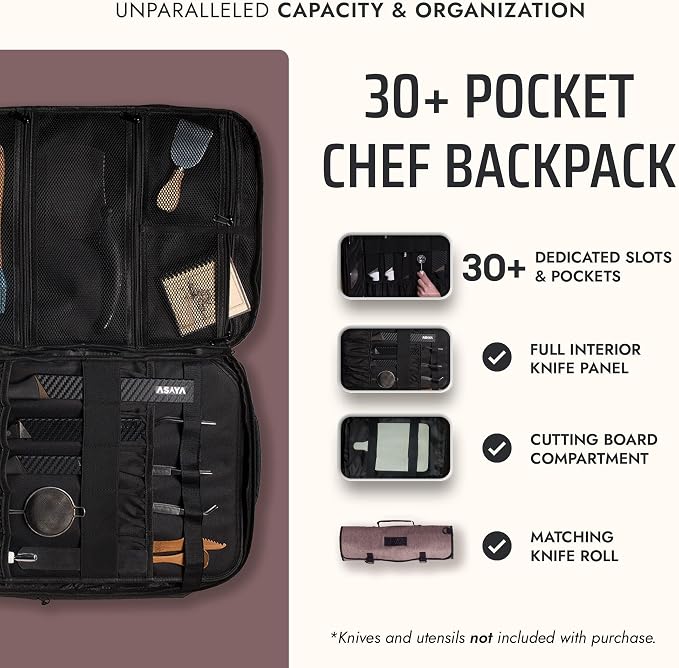 Asaya Chef Knife Backpack with 20-Pocket Knife Roll Bag - Over 30 Storage Pockets Chef Bag, Professional Backpack for Chefs and Culinary Students – Knives Not Included (Brown)