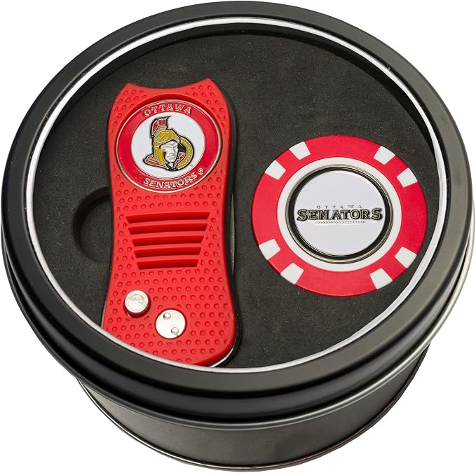 Team Golf NHL Gift Set Retractable Divot Tool & Chip, Includes 2 Double-Sided Enamel Ball Markers, Patented Design, Less Damage to Greens, Retractable Mechanism