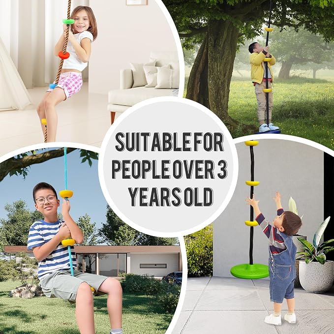 Climbing Rope with Platforms Tree Swing for Kids Disc Swing Seat Set Outdoor Backyard Playground Accessories Including Bonus Hanging Strap & Carabiner