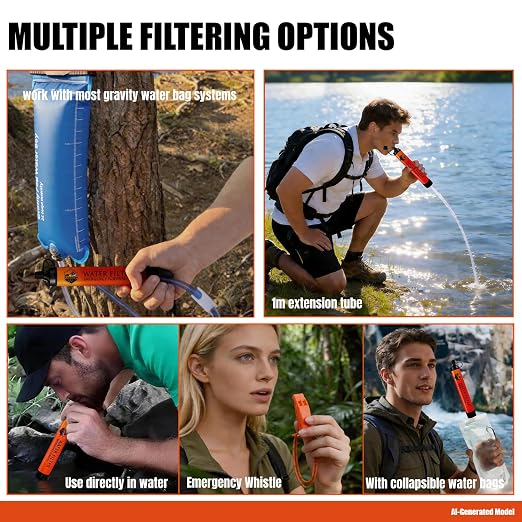 5-Pack Personal Water Filter Straw with Emergency Whistle, Portable Reusable Survival Filter for Family Camping, Hiking, Backpacking & Emergency Preparedness