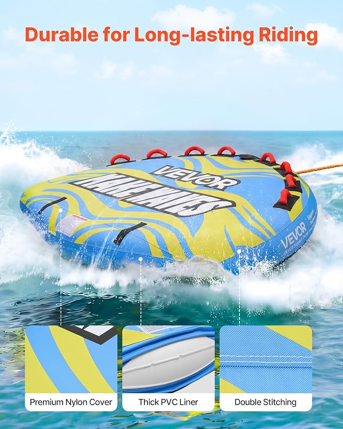 VEVOR Towable Tubes for Boating, 1-4 Riders Inflatable Boat Tubes & Towables, 340-680 lbs Capacity, Multiple Sizes with Full Nylon Cover, Padded/EVA Handles, Fins & Safety Valve (Multi-Option)