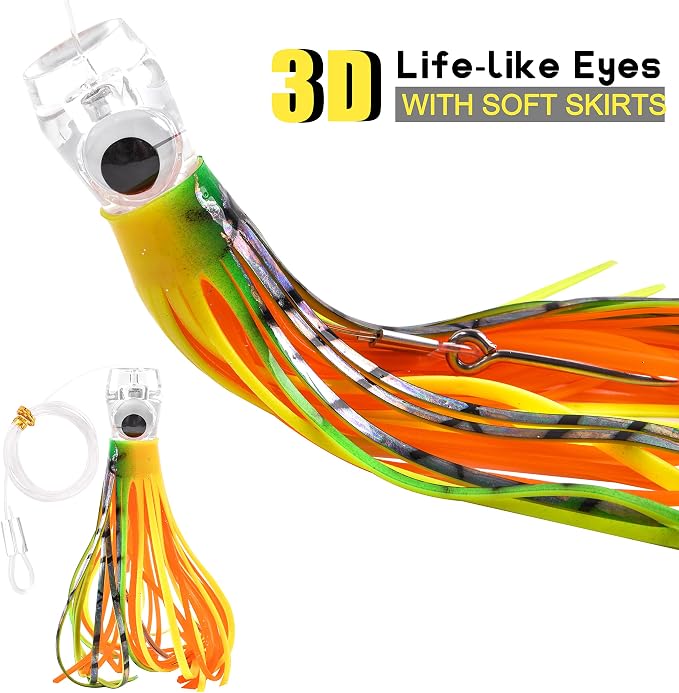 Trolling Lures Saltwater for Tuna Mahi Marlin Wahoo Dolphin Shark Offshore Trolling Baits with Squid Skirt Big Game Fishing Lures Deep Sea Squid Skirts Rig 6/9 inch