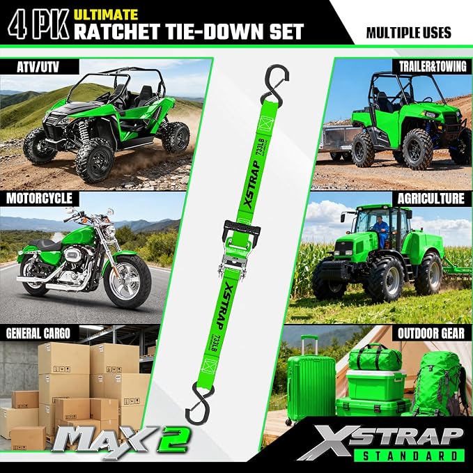 XSTRAP STANDARD 4PK Motorcycle Ratchet Straps, 1" x 15ft, 2,200 lbs Break Strength Tie Down Straps with Safety Lock S-Hooks, Soft Loop Straps and Stickers for Trucks, Cargo, Moving (Green)