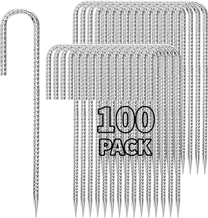 Besitu 12 inch Stakes Heavy Duty 100-Pack J Hook Metal Fence Stake for Dogs Digging Tent and Outdoor Decorations Inflatables Rebar Metal Spikes for Ground
