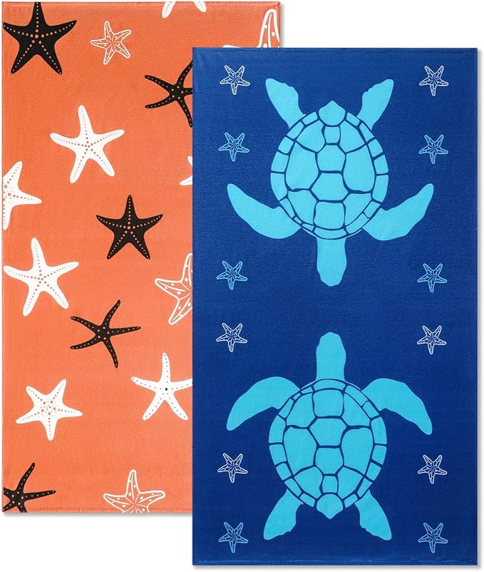 Belista Oversized Beach Towels 4 Pack,40”x70” Microfiber Thin Large Beach Towel Set for Adults Travel Camping Swimming,Turtle Starfish Them Sand Free Quick Dry Lightweight XL Pool Towels,Orange & Navy