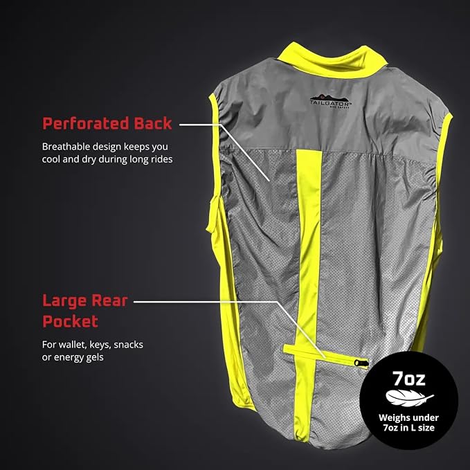 Tailgator Vis-Vest Reflective Running & Cycling Safety Vest, Hi-Vis High Visibility Vest for Men & Women, Neon Green Retro-Reflective Glass Beads, Breathable, YKK Zippers, Pockets, XS - XXXL