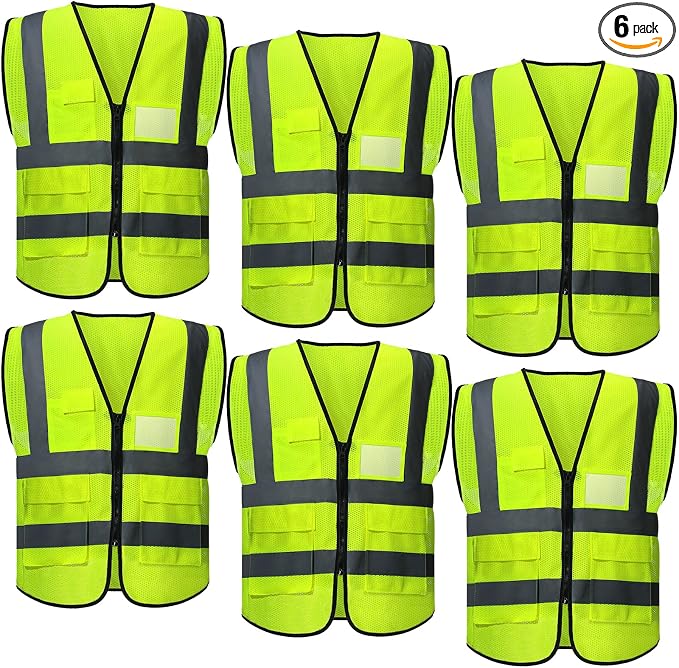 JaGely 6 Pack Reflective Safety Vests with Pockets, High Visibility Mesh Construction Vest for Men Women, Neon Yellow, Size L