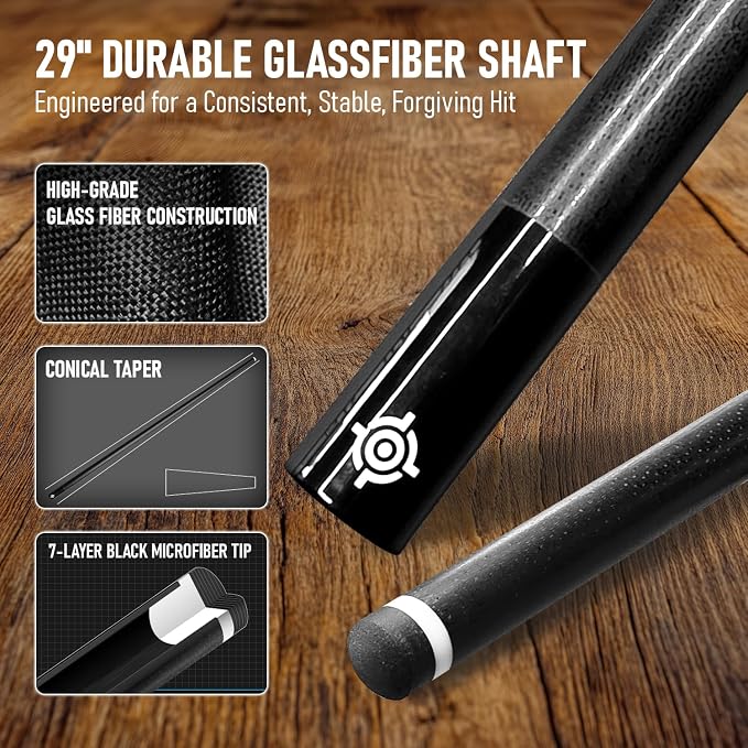 Series, Glass Fiber Pool Cue Stick, Uni-QR, 3/8-10, 5/16-18 Joint, Synthetic Leather Grip, 29" Glassfiber Shaft, 7-Layer Microfiber Tip
