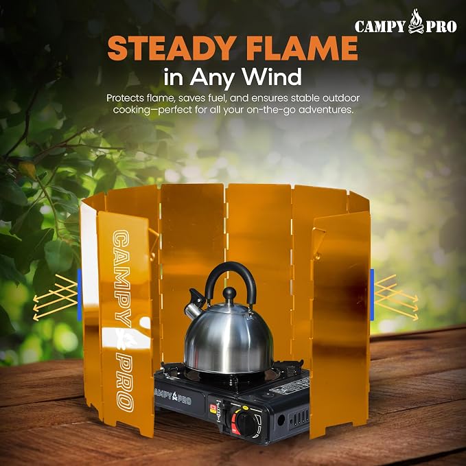 Orange Camping Stove Windscreen, 12-Plates Premium Aluminum Wind Guard Shield, Foldable Portable Design with Storage Box, Heavy-Duty, Butane Burner Windshield for Outdoor Cooking