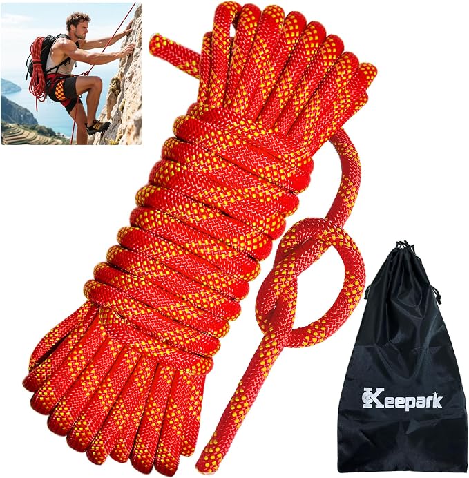 10.5mm Static Climbing Rope - 32FT Heavy Duty Rock Climbing Rope for Adults & Kids, Outdoor Rappelling Ropes for Fire Rescue, Escape, Ice Climbing, Parachute, Caving - Red