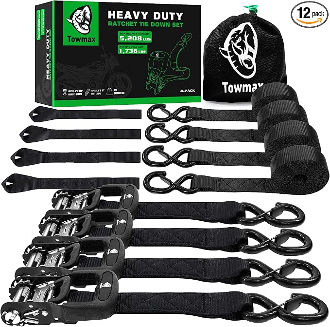 Heavy Duty Ratchet Straps (4 Pack) - Motorcycle Straps Tie Downs 5,208lb Break Strength - 1.5 in x 15ft Ratchet Tie Down Straps,15" Soft Loop Tie Down Straps for Truck, Cargos