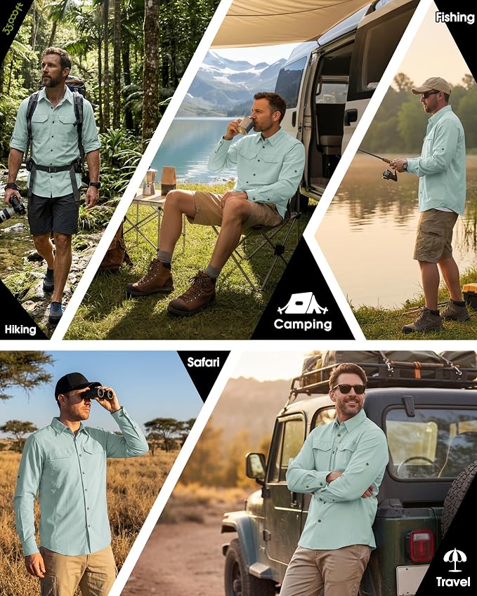 33,000ft Men's Long Sleeve Hiking Shirts Lightweight Quick Dry Sun Protection UV UPF 50 Fishing Shirt Outdoor Safari Travel