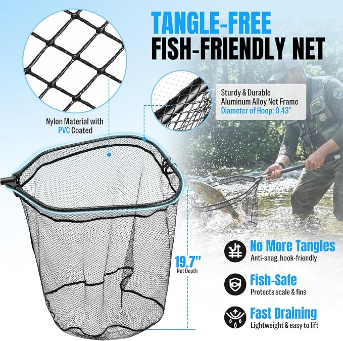PLUSINNO Large Fishing Net, 3.4-7.7 FT Carbon Fiber Fish Net with Long Telescoping Handle, Kayak Fishing Gear Accessories Foldable Landing Net for Bass, Trout, Catfish, Fishing Gifts for Men Father