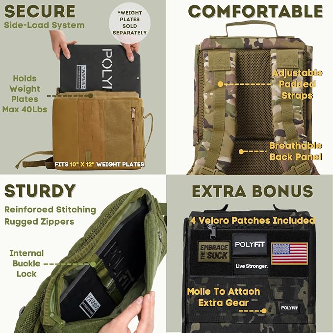 Polyfit Rucking Backpack 2.0 - Weighted Ruck Pack for Weight Plates - Patent Pending Side-Loading Rucksack for Walking, Running, Rucking, Strength and Endurance Training - Tan