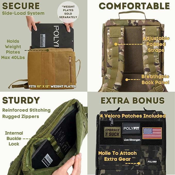 Polyfit Rucking Backpack 2.0 - Weighted Ruck Pack for Weight Plates - Patent Pending Side-Loading Rucksack for Walking, Running, Rucking, Strength and Endurance Training - Deep Blue