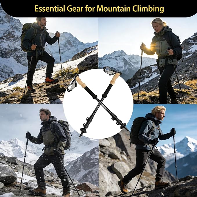 Trekking Poles Hiking Sticks - Lightweight Aluminum Adjustable Telescopic Walking Poles with Cork Grips & Metal Flip Lock for Men Women, Backpacking, Camping, Mountain Climbing