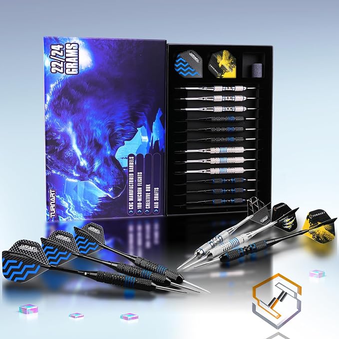 Turnart Darts Metal Tip Set - Steel Tip Darts Darts Set Professional Metal Darts 12 pcs 22/24 Grams Pro Dart Set with Stylish Case Aluminum Shafts Extra 9 Flights