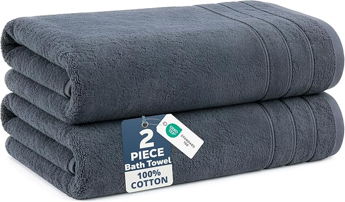 Casa Platino 100% Cotton 2 Pack Bath Towels Set (30"x60") - Ring Spun, Large Cotton Towels for Bathroom - Quick Dry, Soft & Absorbent Bath Towel Set - Remains Soft After Multiple Washes - Cool Grey
