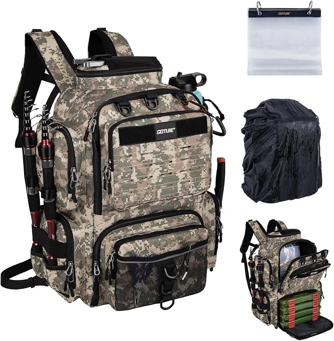 Goture Fishing Backpack,900D Water-Resistant Tackle Backpack with Rod Holders, SBS Zippers,45L Large Fishing Bag Storage Gear Tackle Bag with Rain Cover, Bottle Holder for Travel Camping Hiking
