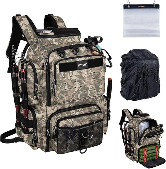 Goture Fishing Backpack,900D Water-Resistant Tackle Backpack with Rod Holders, SBS Zippers,45L Large Fishing Bag Storage Gear Tackle Bag with Rain Cover, Bottle Holder for Travel Camping Hiking