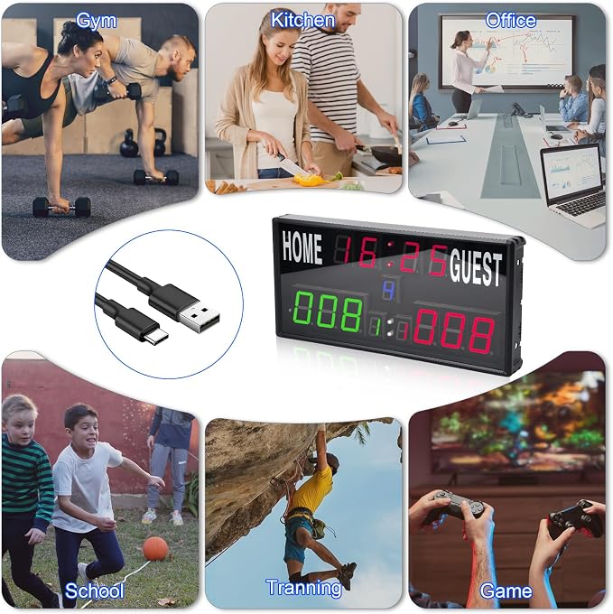 Samshow 2025 LED Electronic Scoreboard Digital Score Keeper with Remote, Basketball Scoreboard with Shot Clock & Timer & 12/24h Real Time for Football/Corn Hole/ping Pong/Table Tennis