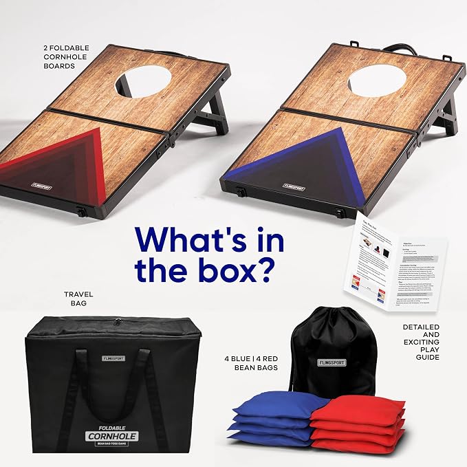 Flingsport Cornhole Board Set 24"x15" - 2 Boards Portable Corn Hole Set - Solid Plywood Tops with Aluminum Frame & Legs - Travel Cornhole Boards - Includes 8 Bean Bags, Travel Case & Game Rules