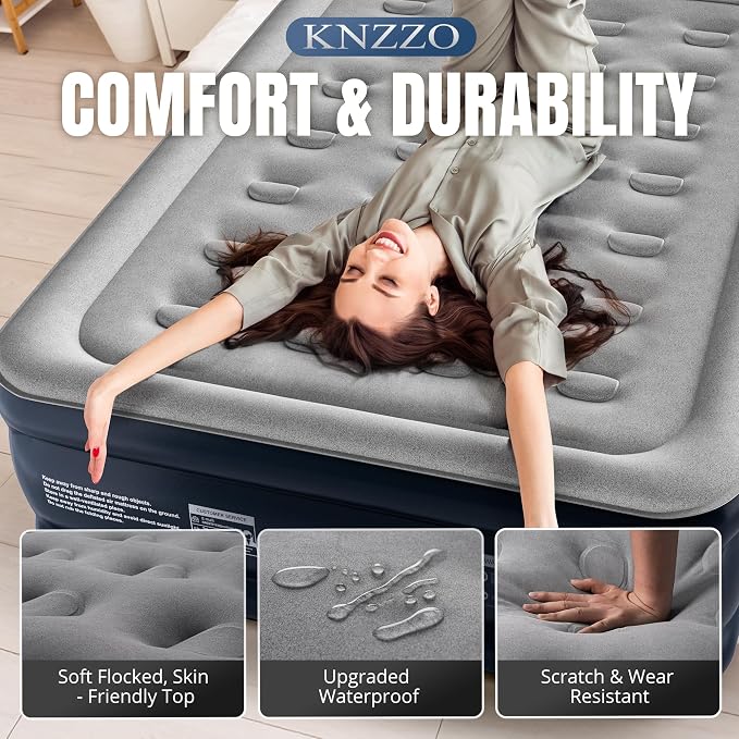 KNZZO Full Air Mattress with Built-in Pump, 18" Top Inflatable Mattress with Waterproof Flocking Fabric, Three-Minute Quick-Inflatable Bed. Portable Blow Up Mattress for Home, Outdoor and Guests