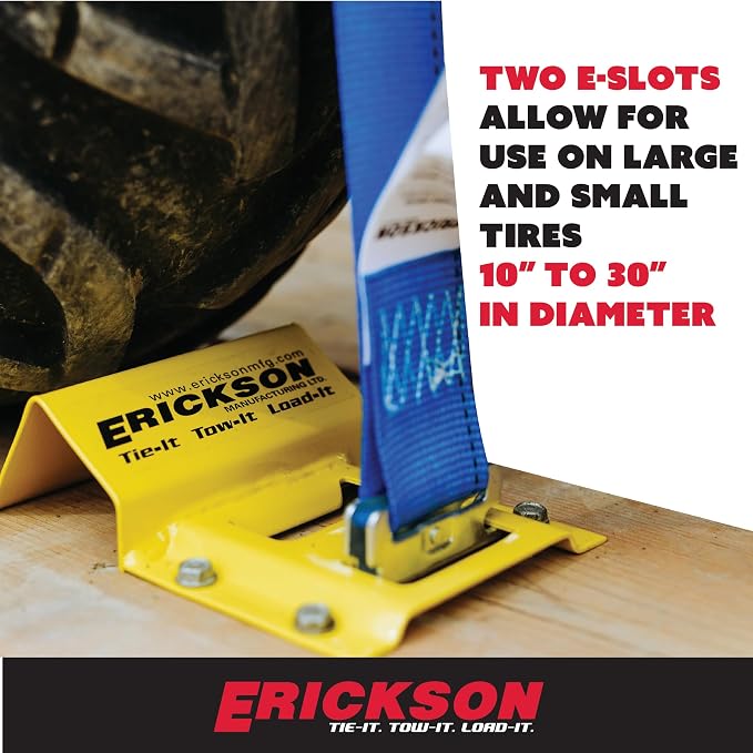 Erickson Wheel Chock Tie-Down Kit, 2 in x 7.5 ft, Double Slotted E-Fitting, Fits 10 in-30 in Tires, 1500 lb Ratchet Straps - Secures ATV, UTV, SxS, Mower & More