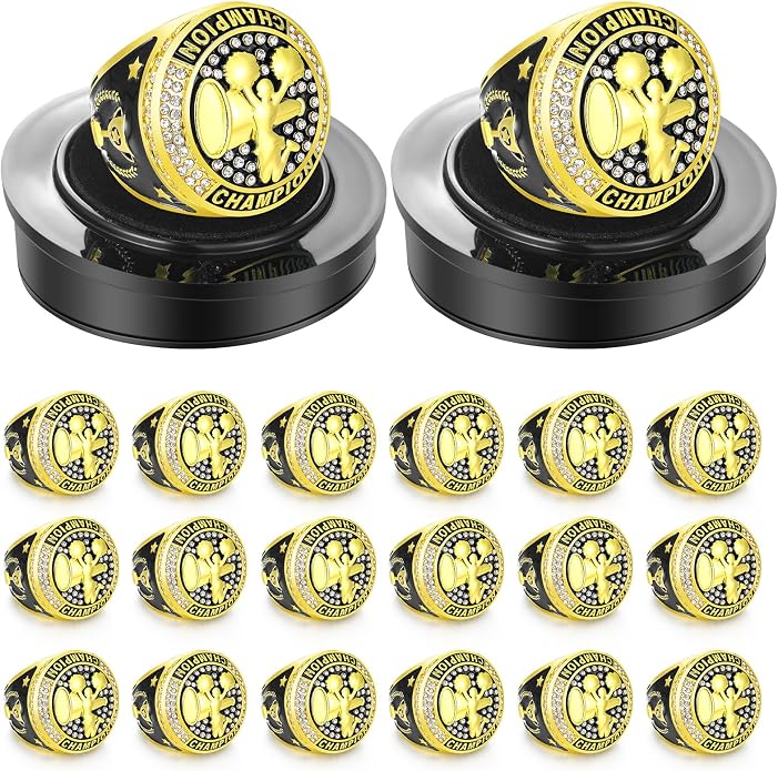 Highergo 20 Pcs Baseball Softball Basketball Football Champion Rings with Display Neck Chain and Stand Volleyball Soccer Cheer Trophy Rings Bulk for Tournament Award Gift