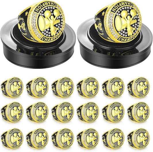 Highergo 20 Pcs Baseball Softball Basketball Football Champion Rings with Display Neck Chain and Stand Volleyball Soccer Cheer Trophy Rings Bulk for Tournament Award Gift