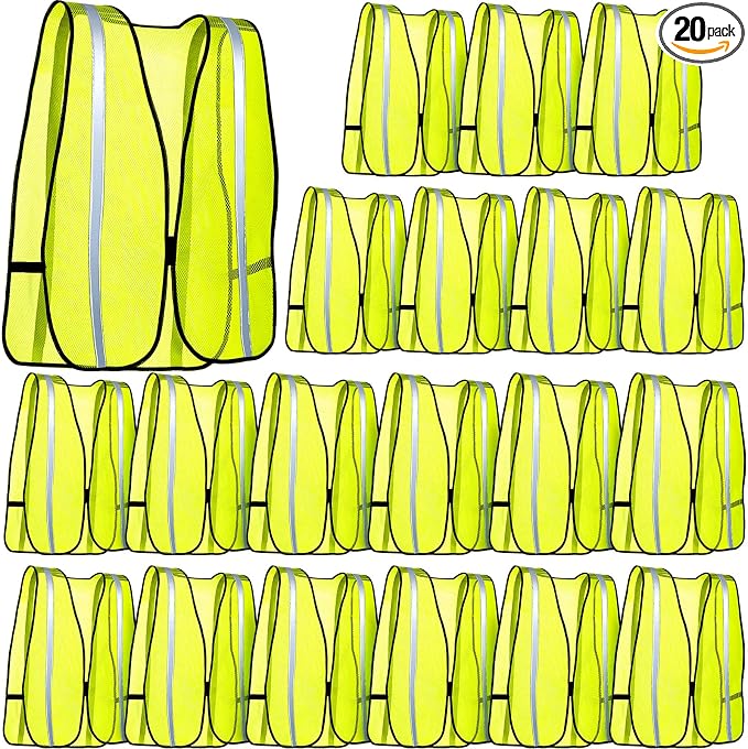 Jecery 20 Packs High Visibility Vest Safety Reflective Hi Visibility Mesh Vest Lightweight Neon Universal Size for Men Work Outdoor (M)