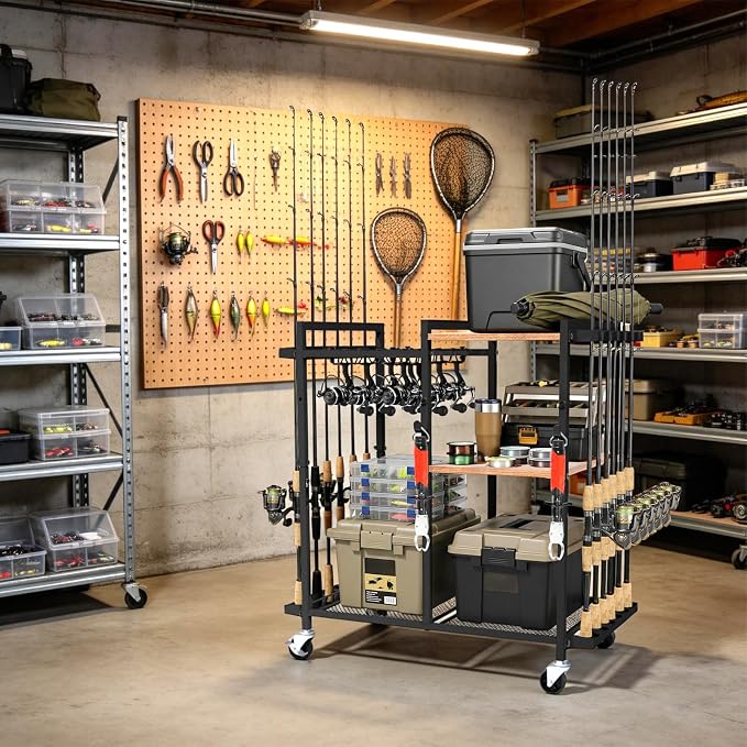 Fishing Rod Holders for Garage,Fishing Rod Rack Storage up to 12 Rods,3 Tier Adjust Heavy Duty Metal Fish Pole Stand Organizer with reel seat for Fishing Gear and Equipment Accessories