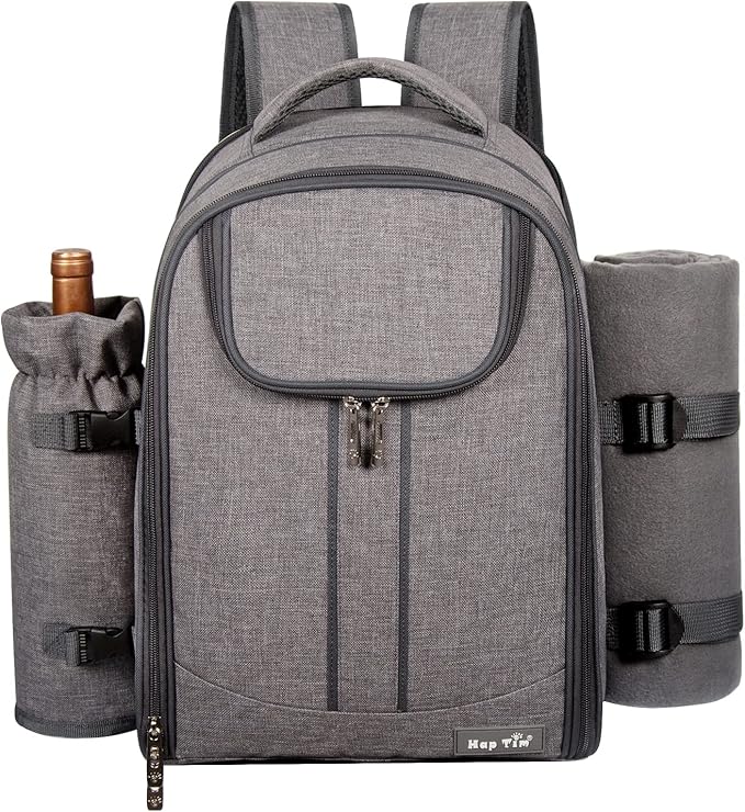 Hap Tim Picnic Basket Backpack for 4 Person with Blanket, Wine Holder, Cooler Compartment, Cutlery Set, for Couples, Ideas, Engagement Gifts, Gray (3065-G)