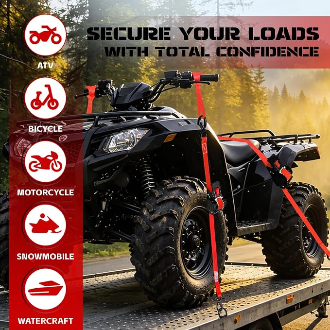 Retractable Ratchet Straps (2-Pack) - Heavy Duty Auto Slow Retraction Tie Down Straps - 1 Inch x 13 Feet (1,800lb Break Strength) for Truck, Cargo Trailer, Motorcycle, ATV, UTV - Red