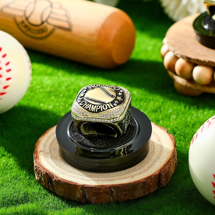 Highergo 20 Pcs Baseball Softball Basketball Football Champion Rings with Display Neck Chain and Stand Volleyball Soccer Cheer Trophy Rings Bulk for Tournament Award Gift