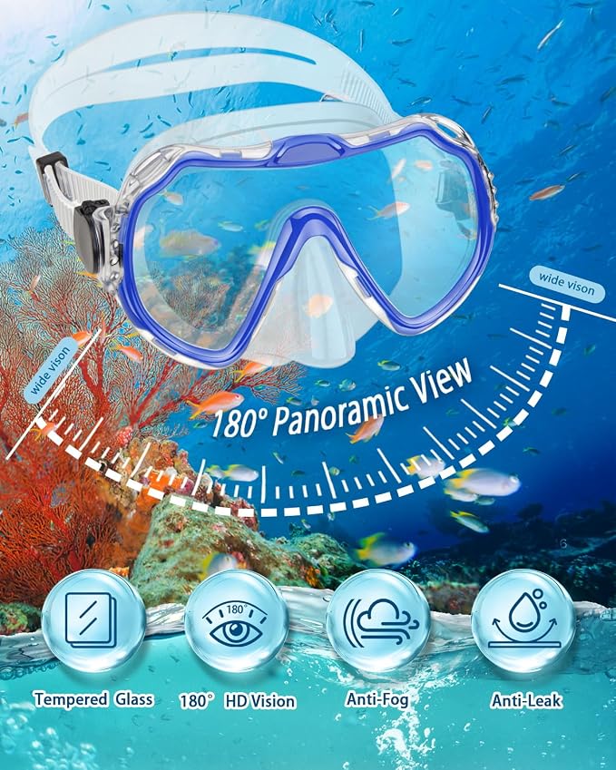 Snorkeling Gear for Adults, Adult Snorkel Set with Panoramic Anti-Leak and Anti-Fog Tempered Glass Snorkel Mask, Dry Top Snorkel, Snorkle Mask Set Adult with Mesh Bag Ear Plug for Snorkeling
