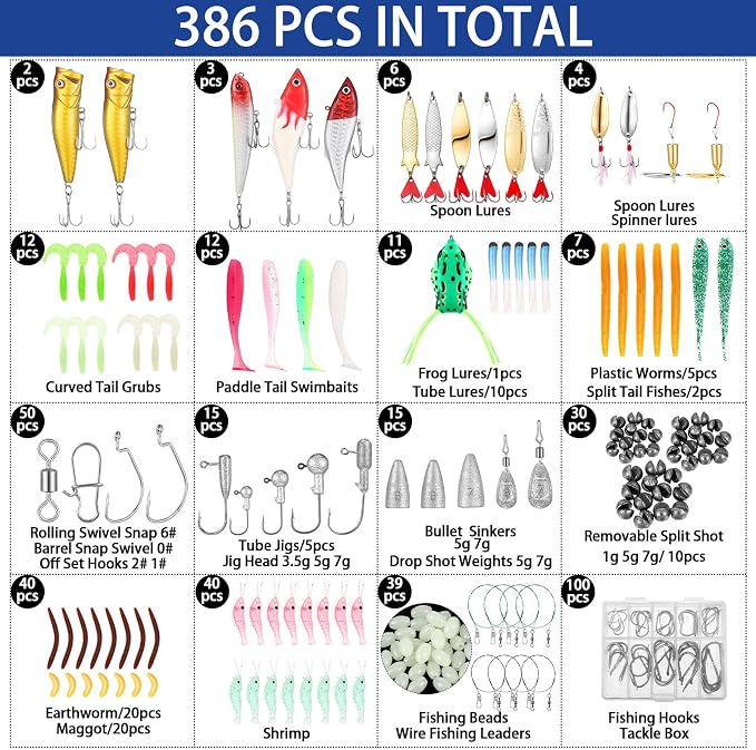 Gemscream 393 Pcs Fishing Tool Kit Fishing Backpack with Tackle Boxes Included Pliers Gear and Equipment Bait Rigs Fish Lip Gripper Lure Gear Kit Fish Hooks Remover Tools