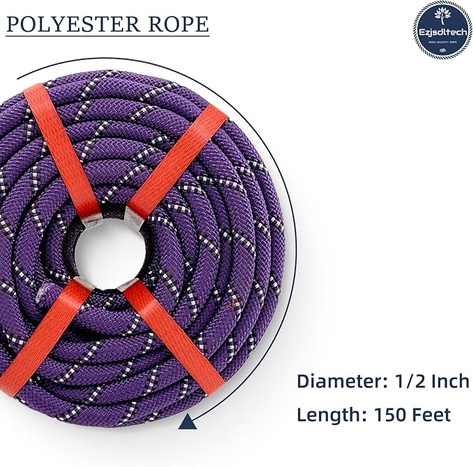 1/2 in x 150 ft Polyester Arborist Rigging Rope, Purple Braided Tree Climbing Rope 48 Strands for Farm Work and Swinging