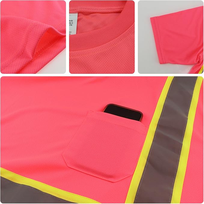 W&H Hi Vis Safety Short Sleeve Shirts Class 2 Reflective Birdeyes Fast Dry Breathable with Black Base for Work