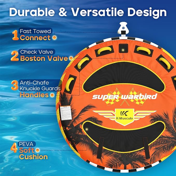 K-Musculo Towable Tubes for Boating - 2-3 Person Boat Tubes & Towables, EVA Foam Pads, Drainage, Super Safe Handle, Quick Connector