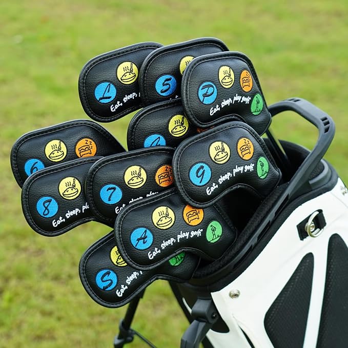 Craftsman Golf 10pcs Funny Eat Sleep Golf Magnetic Closure Classic Black Synthetic Leather Iron Headcover Covers Set Travel Cases Protector