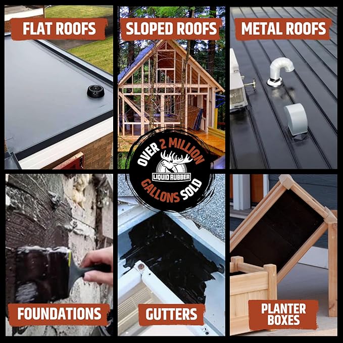 Liquid Rubber Waterproof Sealant - Waterproof Leak Repair Coating, Multi-Surface Rubber Paint, Durable Sealant for Roofs, Kit Includes- Black 5 Gallon Sealer, Caulk 10.2 oz 4 Pack, Seam Tape 4" x50'