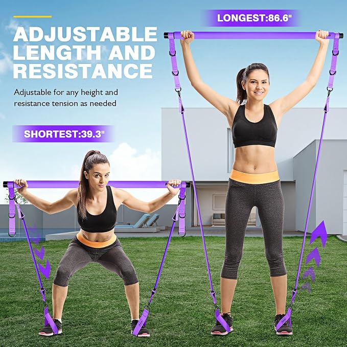 Ayombo Pilates Bar Kit with Resistance Bands, Pilates Workout Equipment for Legs, Hip, Waist, Arm, Squats Exercise Equipment for Home Workouts, Adjustable 3-Section Pilates Bar Kit for Women & Men