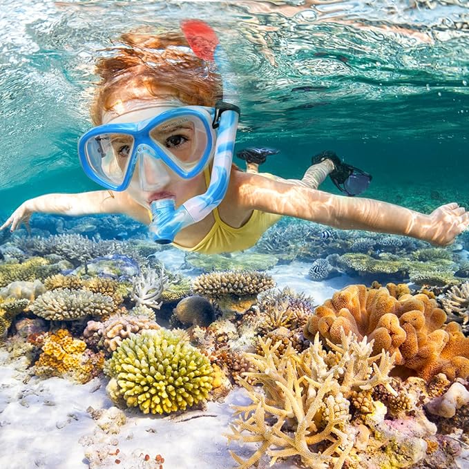 2 Sets Snorkeling Gear for Kids, Kids Snorkel Set for Ages 6-14, Dry Top Snorkel Mask Set for Youth Boys Girls Junior, Tempered Glass Diving Swimming Mask Goggles