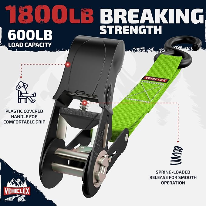 Ratchet Tie Down Straps (1,800 lbs Break Strength) - Vehiclex 15 Ft Versatile Straps for Powersports, Garage, and Outdoor Use - Soft Loops, Deep S-Hooks & Comfort Grip Handle (4 Pack, Green)