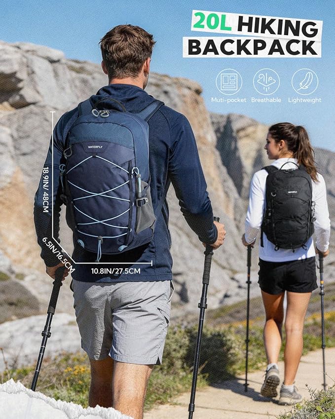 WATERFLY Small Lightweight Hiking Backpack: 20L Daypack for Women Men, Multi-Pocket, Breathable Back Panel with Chest Waist Strap, Outdoor Bag Pack for Travel Trekking Camping
